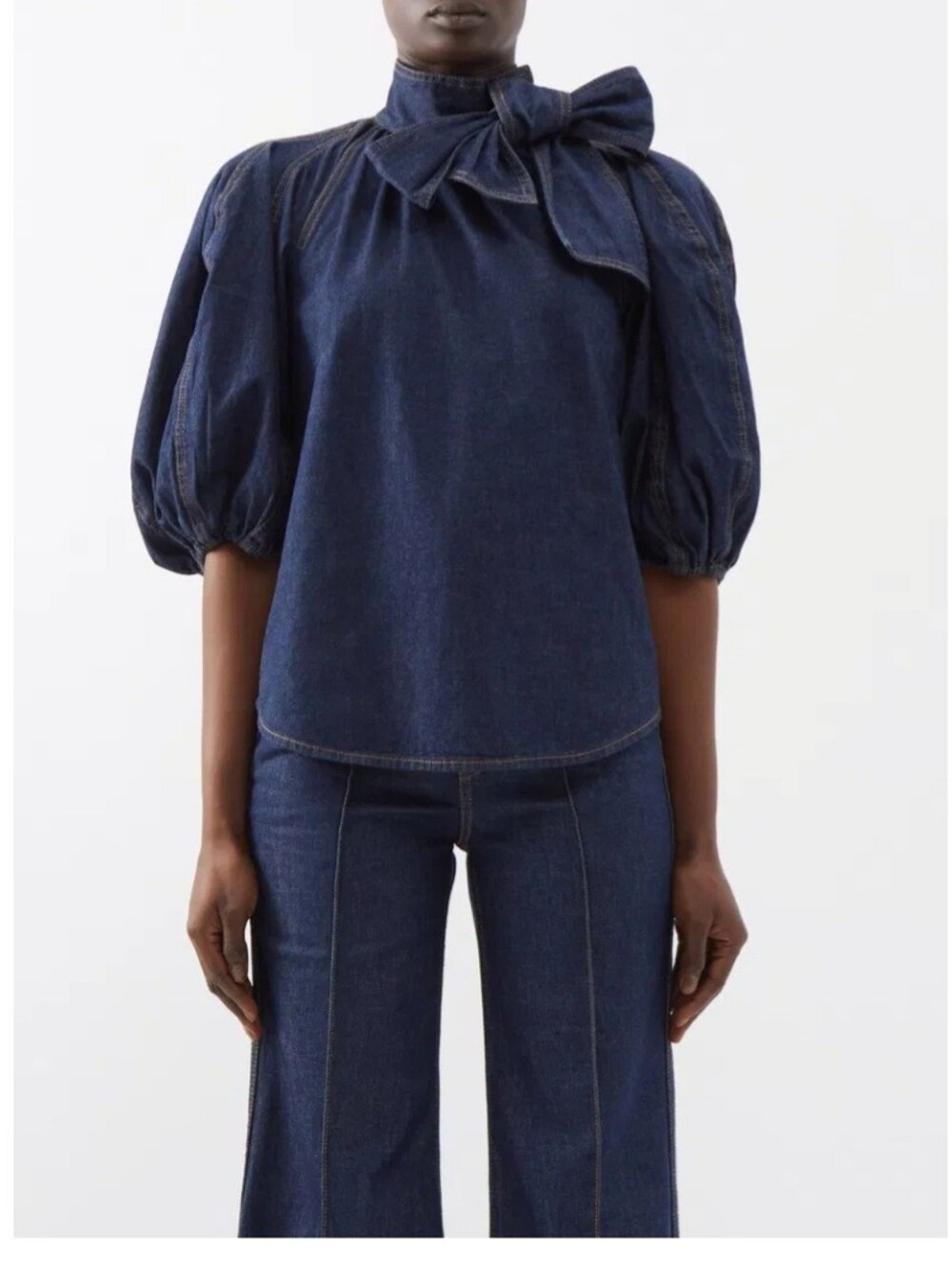 Antgropologie A Loves A Denim Puff Sleeve Blouse With Bow Tie